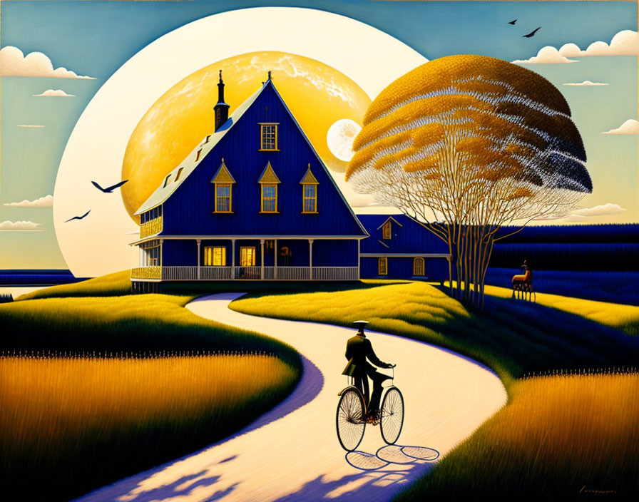 Stylized painting: Large blue house, sunset scene, person on bicycle, tree, birds,