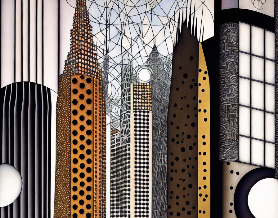 City skyline illustration with geometric and dotted patterns.