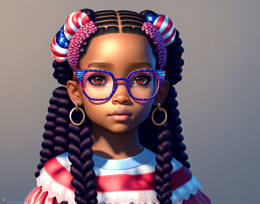 Detailed digital artwork featuring girl with braided hair, patriotic accessories, glasses, earrings, ruffled dress