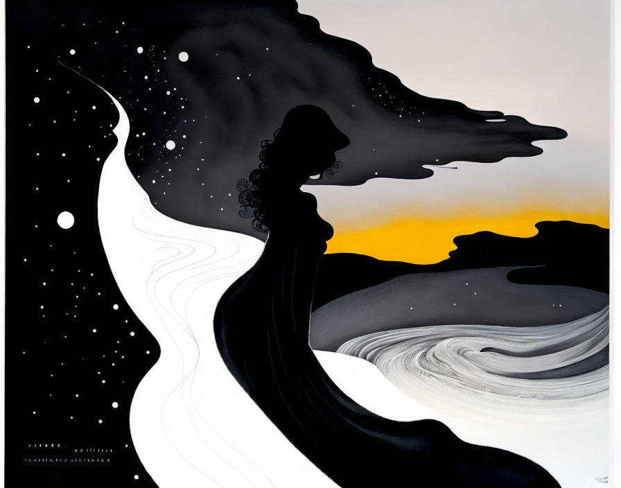 Surrealist artwork: Woman's profile merges with starry desert sunset.