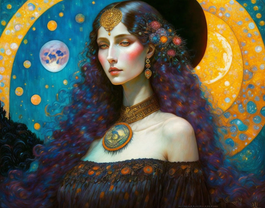 Fantasy portrait of woman with long wavy hair in cosmic-themed setting.