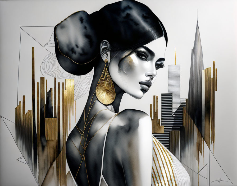 Geometric architectural woman in gold & grayscale.