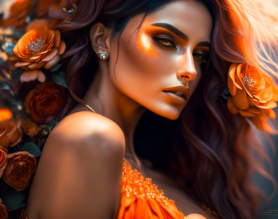 Striking orange makeup and flowers on a woman: warm autumnal vibe