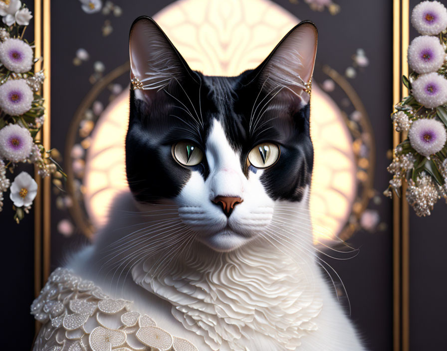 Regal black and white cat with yellow eyes in Elizabethan attire on golden backdrop