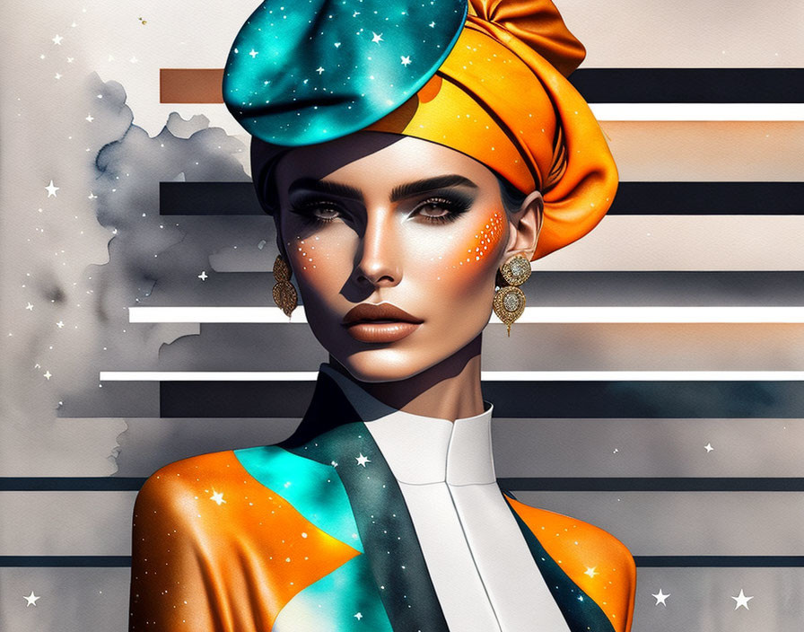 Colorful Turban Woman Illustration in Celestial Outfit on Striped Background