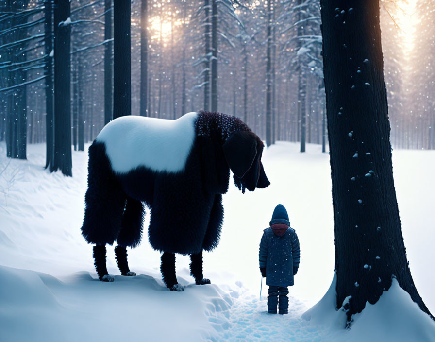 Child and fluffy dog in snowy forest with falling snow