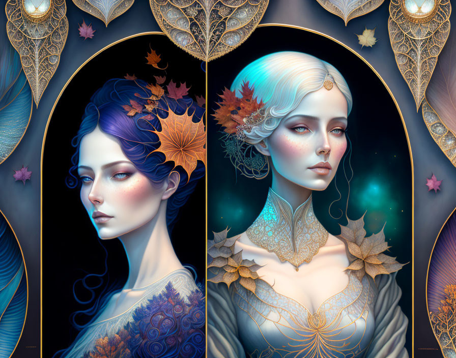 Stylized portraits of women with nature motifs and celestial backgrounds