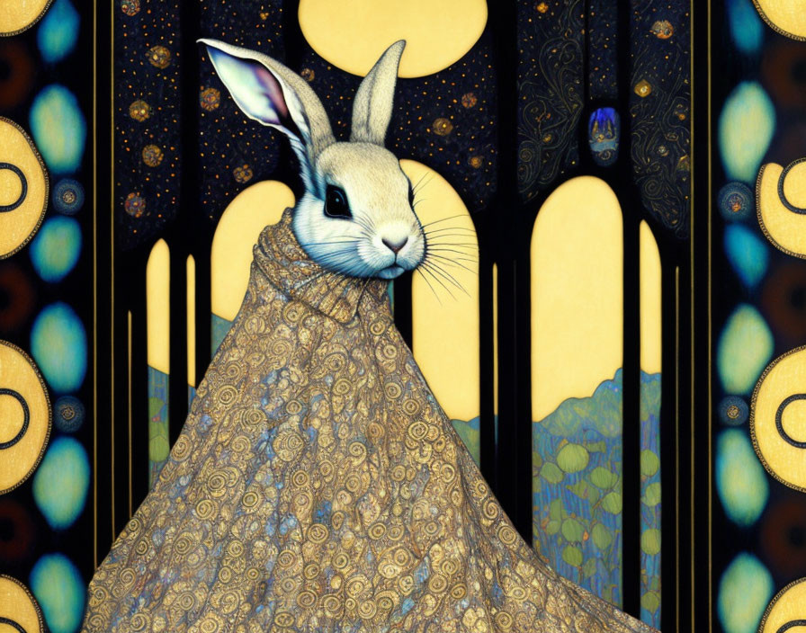 Rabbit with human-like features in ornate cloak, Art Nouveau setting, golden arches,