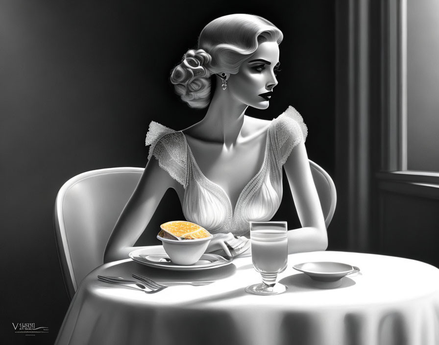 Vintage Attired Woman Dining in Noir Ambiance