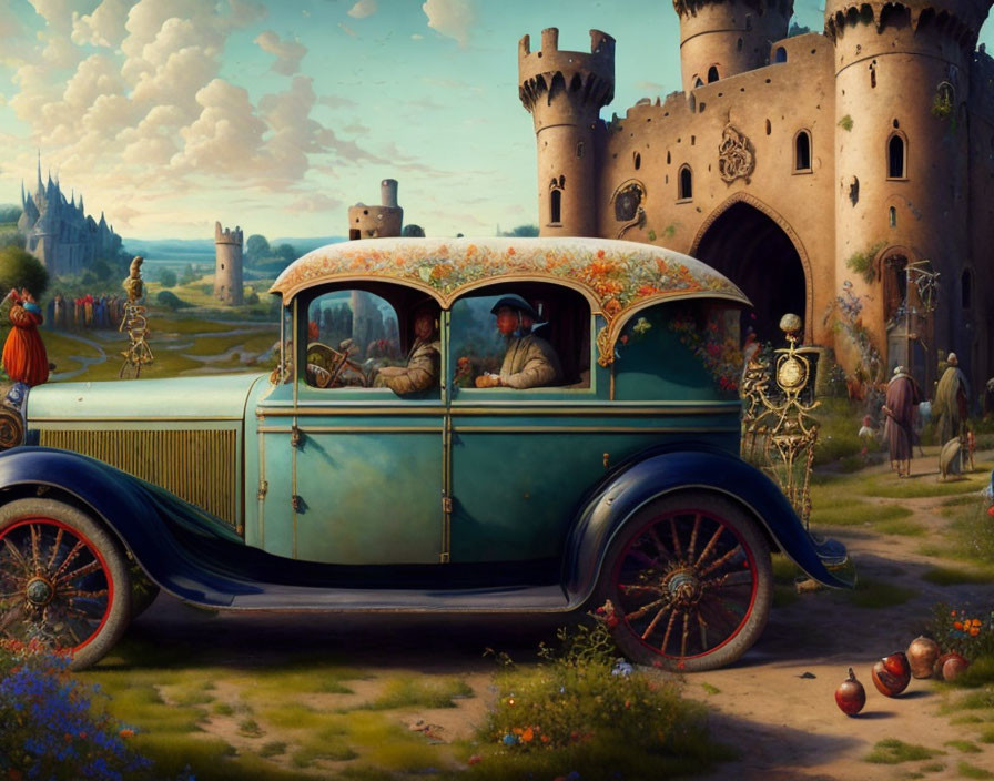 Vintage Car with Floral Motifs and Two Occupants in Whimsical Castle Landscape