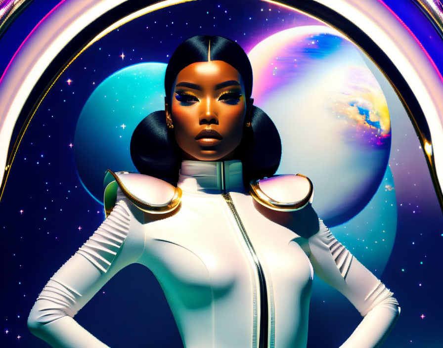 Futuristic woman digital artwork in white space attire