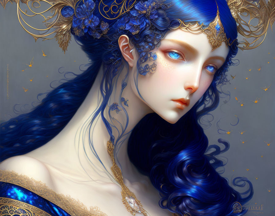 Fantasy illustration of woman with blue hair and gold accessories on grey background.