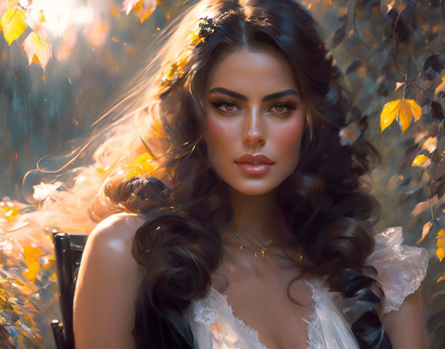 Woman with Wavy Hair Surrounded by Autumn Leaves and Soft Light