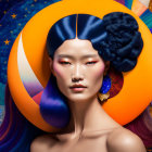 Blue-haired woman with artistic makeup on cosmic background