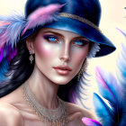 Digital artwork: Woman with vibrant blue eyes, blue hat with colorful feathers, pearl necklace