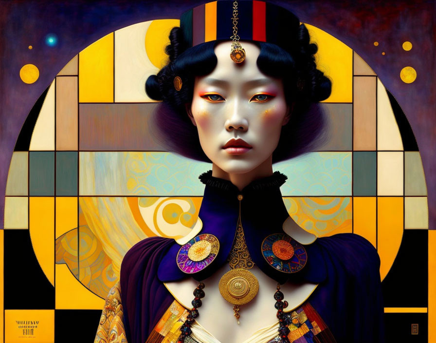 Asian woman adorned with traditional jewelry in cosmic setting