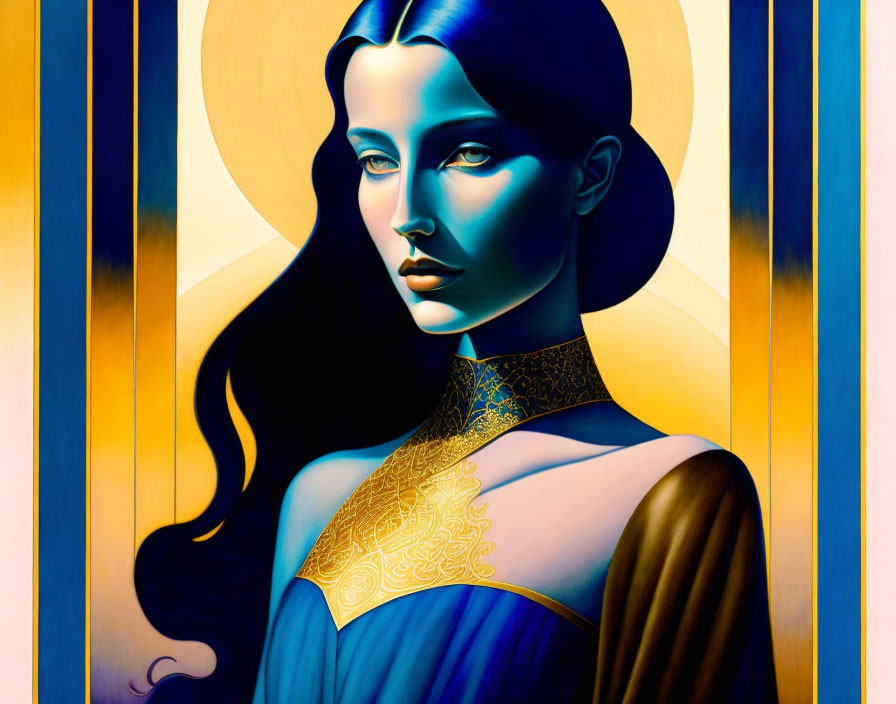 Illustration of blue-skinned woman with gold choker on golden striped backdrop