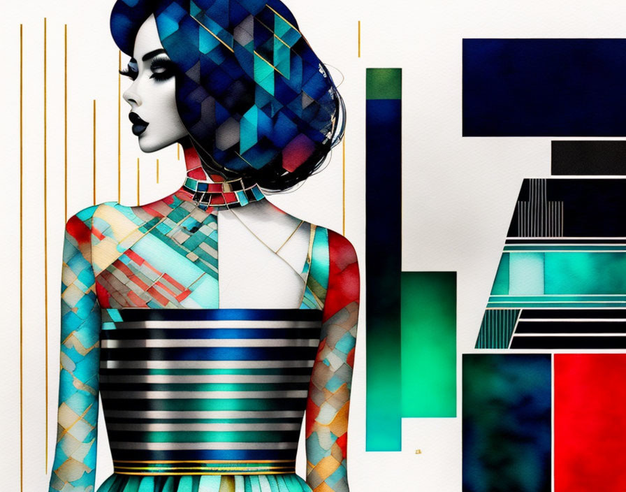 Colorful Abstract Digital Art: Stylized Female Figure in Geometric Design