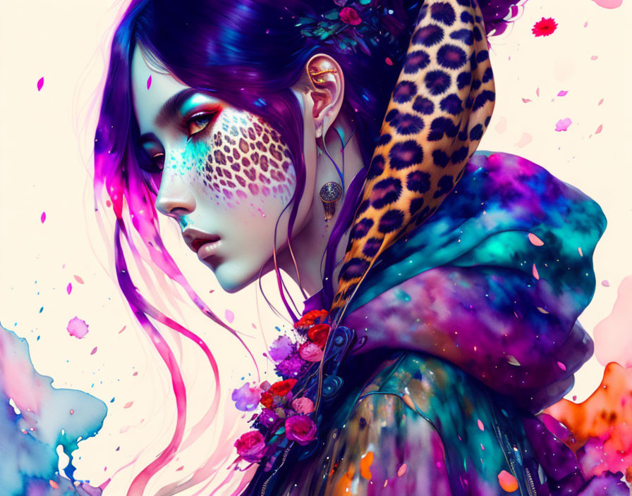 Colorful digital artwork: Woman with leopard print, purple hair, cosmic jacket