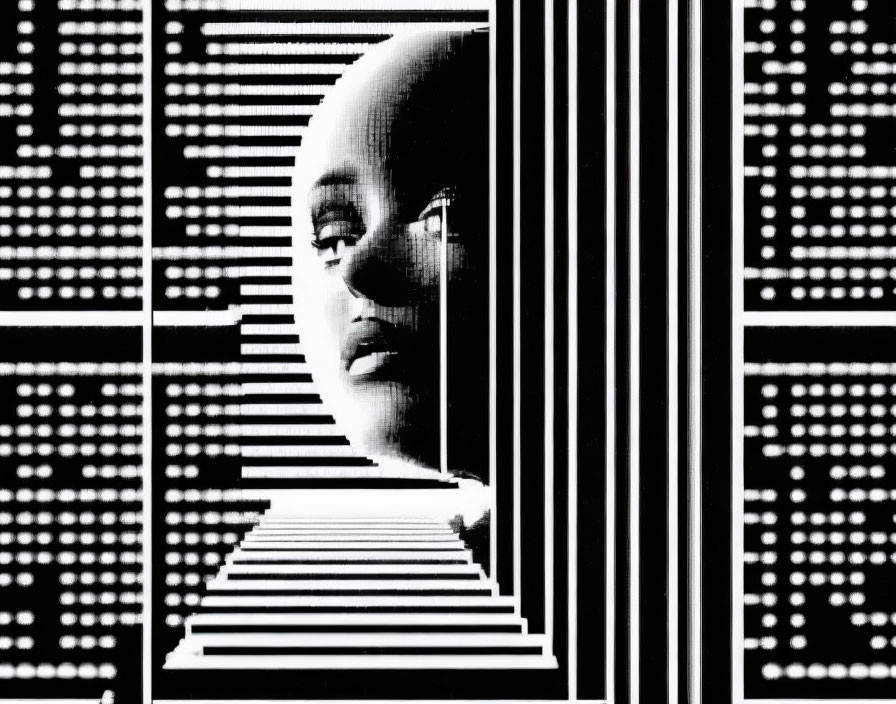 Monochrome artistic image of human face profile in glitch-like pattern