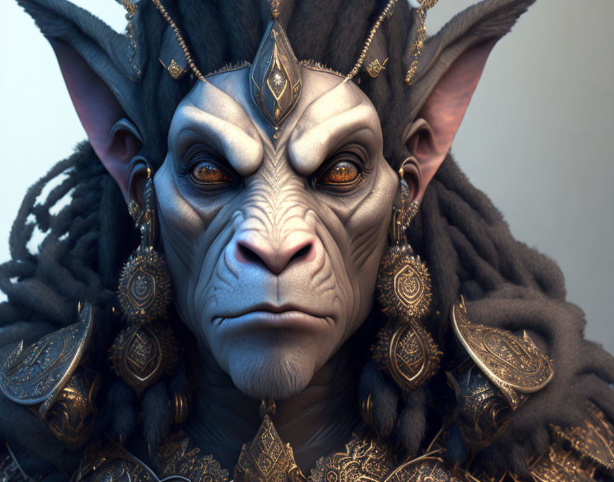 Detailed 3D fantasy character with animal features and ornate jewelry