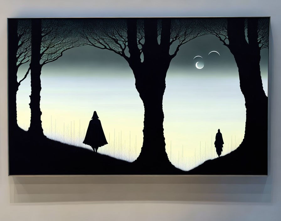 Silhouetted Figures Under Trees Twilight Sky Artwork Display