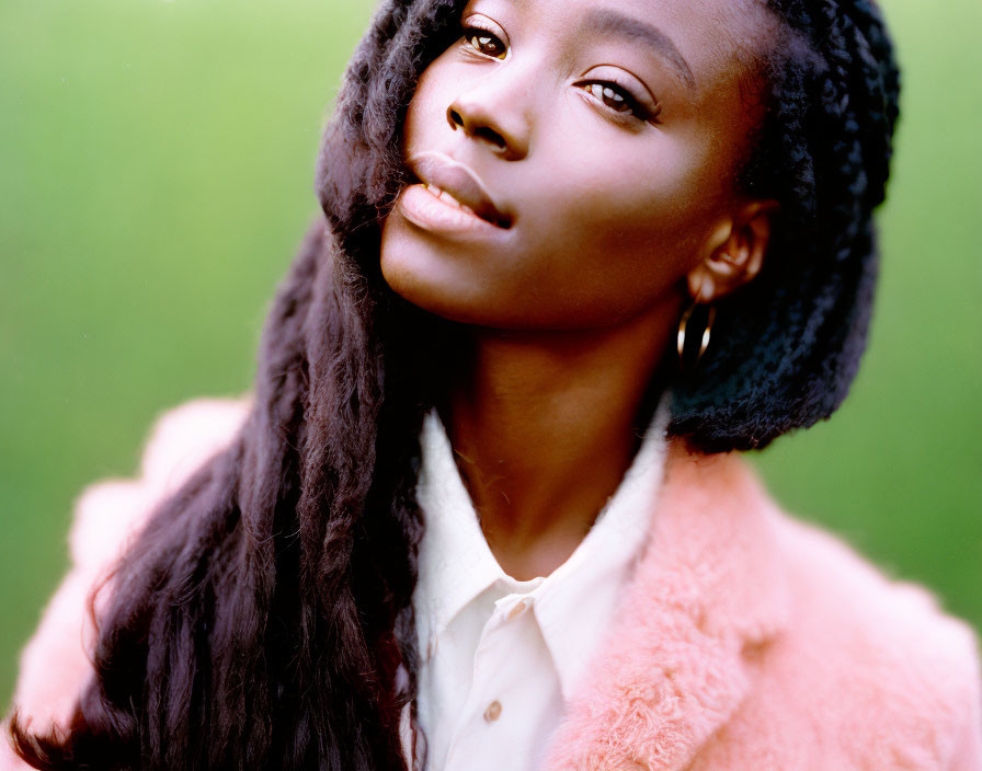 Portrait of woman with long braided hair in peach jacket on green background