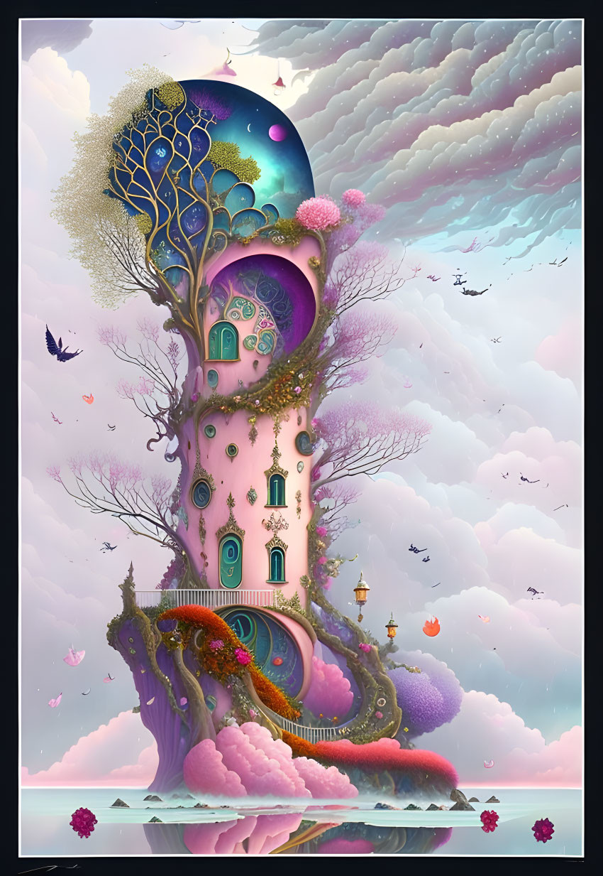 Vibrant treehouse illustration with cosmic elements