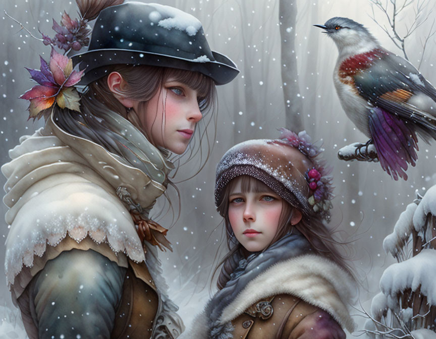 Vintage winter scene: two girls with bird in falling snowflakes