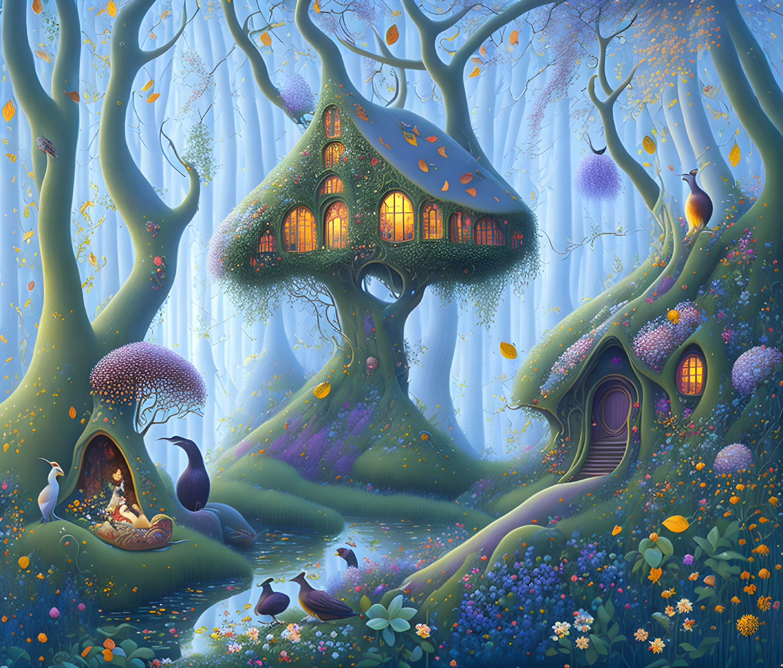 Enchanting Forest with Whimsical Treehouses and Luminescent Flora