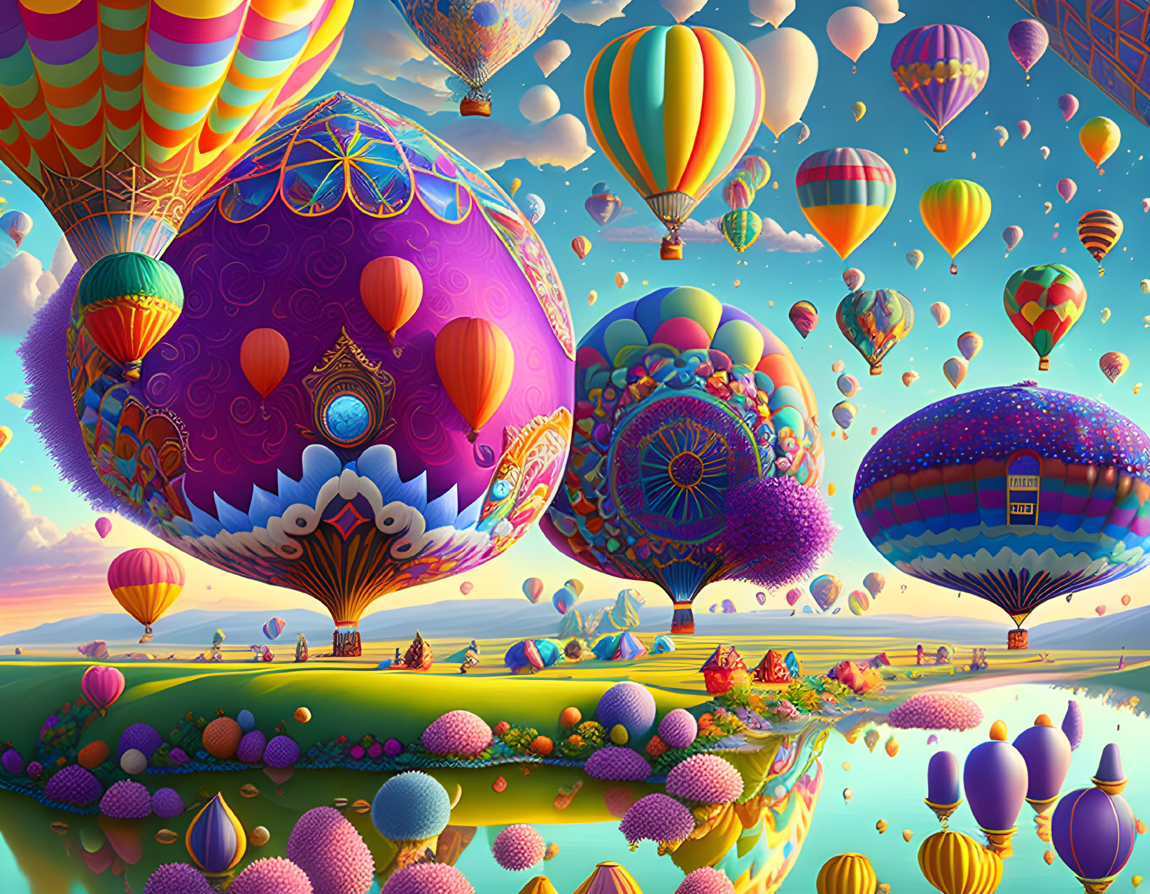 Vibrant hot air balloons over whimsical landscape with colorful trees and reflective water