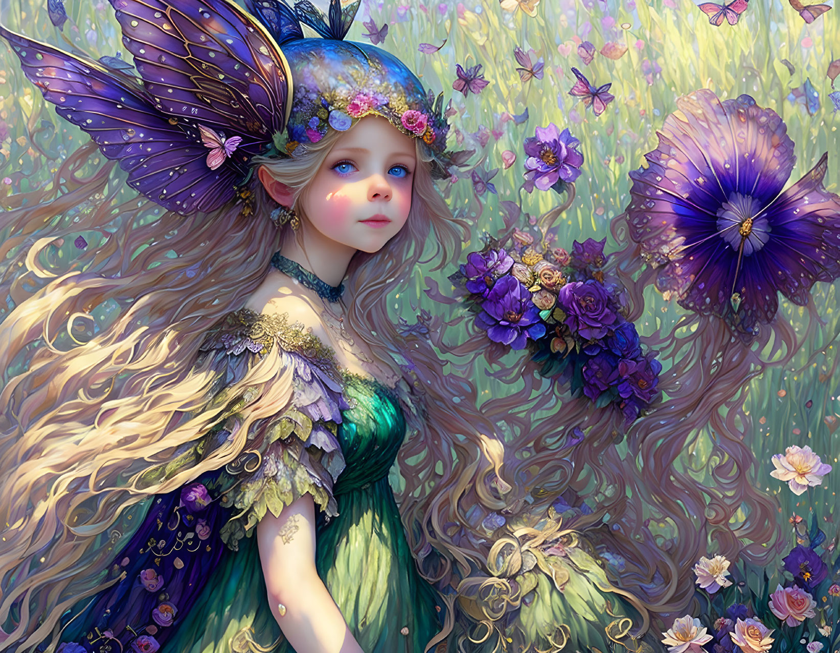 Fantasy illustration of young girl with butterfly wings in vibrant flower field