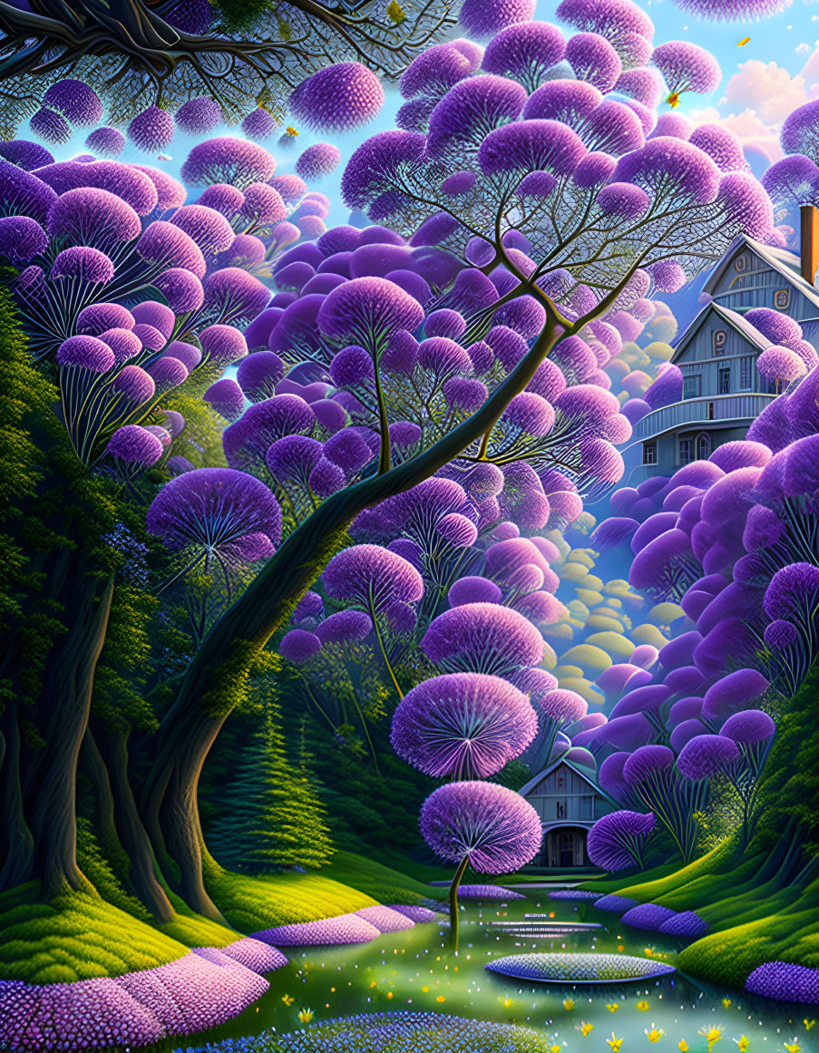 Whimsical illustration of vibrant purple and green landscape