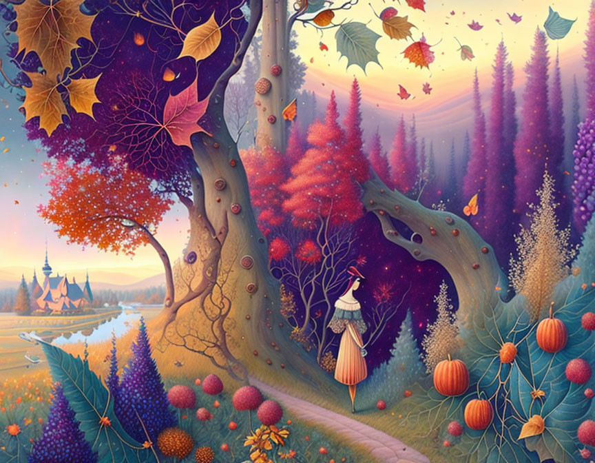 Fantasy landscape with woman near large tree and castle in vibrant autumn colors