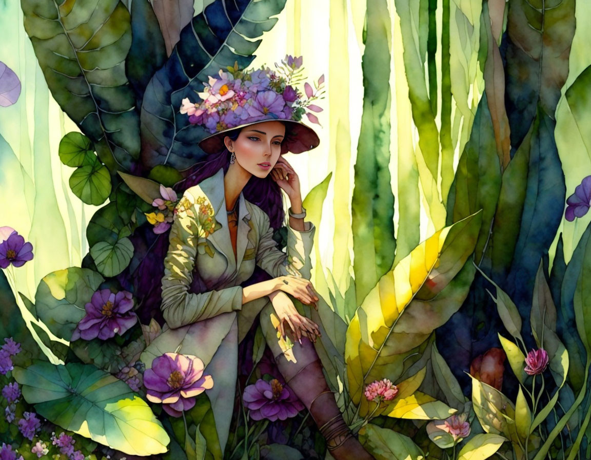 Woman with floral hat surrounded by lush greenery and purple flowers