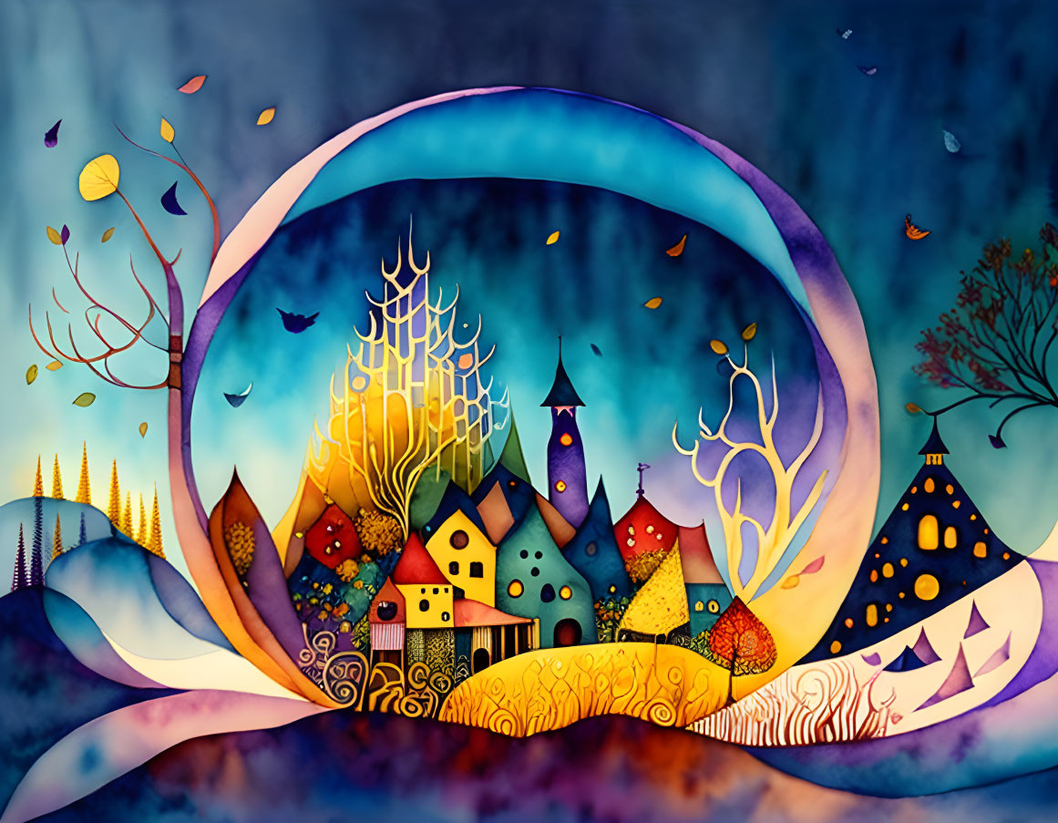 Fantasy village illustration with colorful houses and crescent moon