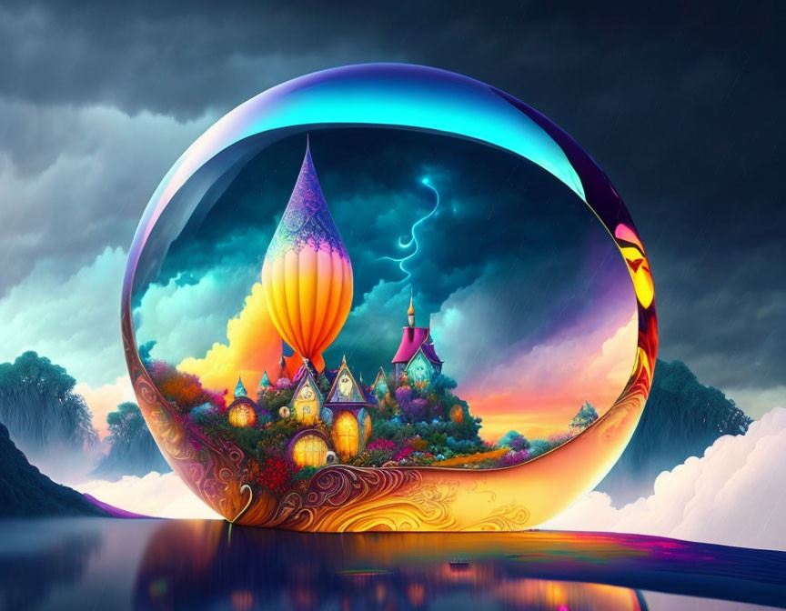 Whimsical hot air balloon and houses in crystal ball landscape