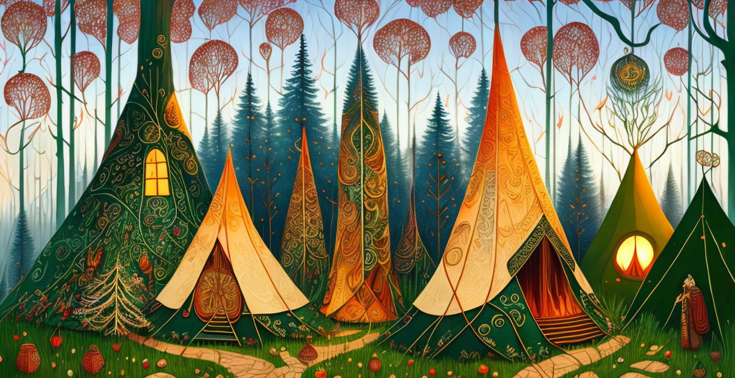 Decorative Trees and Glowing Tepees in Enchanting Forest