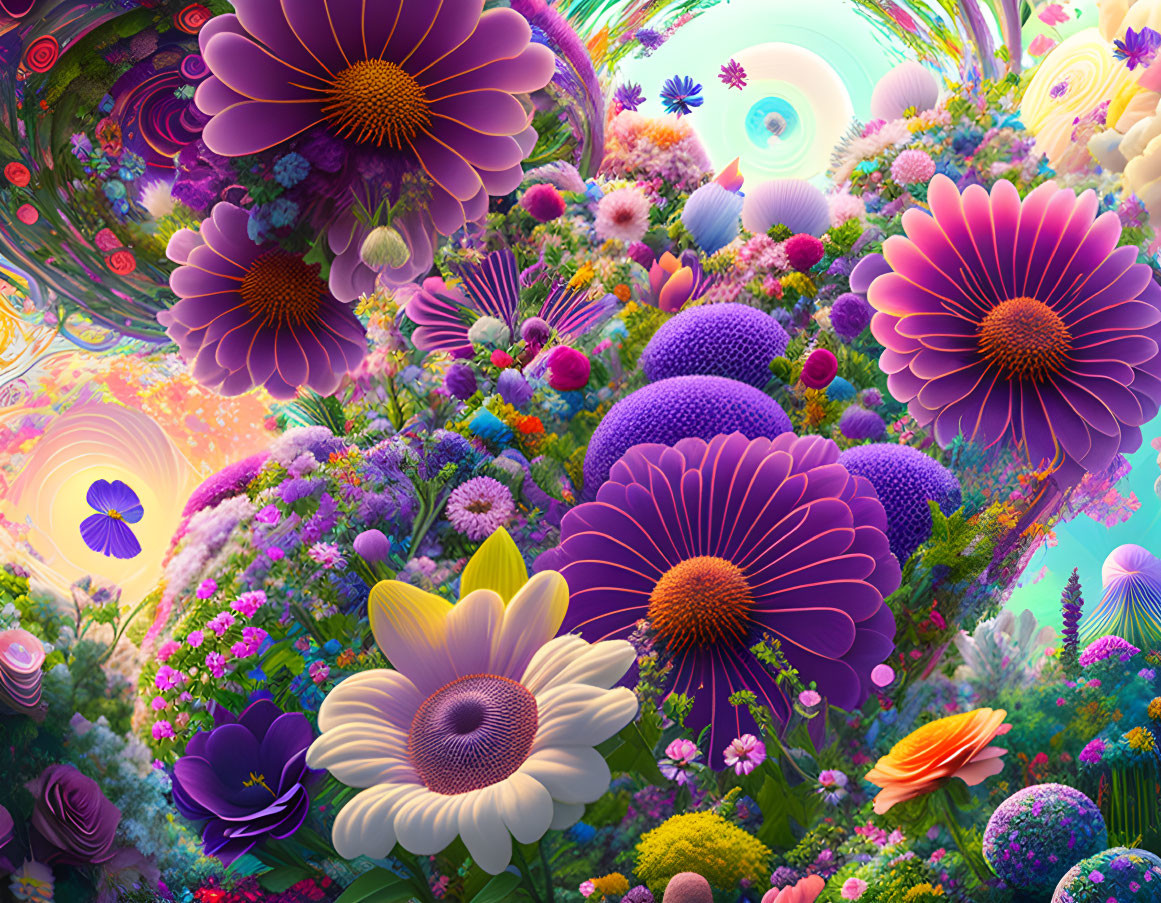 Colorful digital art: stylized flowers & plants in whimsical fantasy landscape