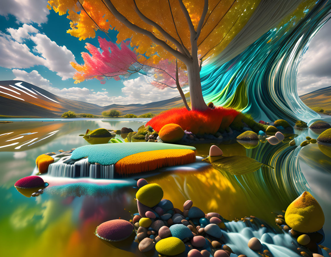 Vibrant swirling trees in surreal landscape with glassy pond