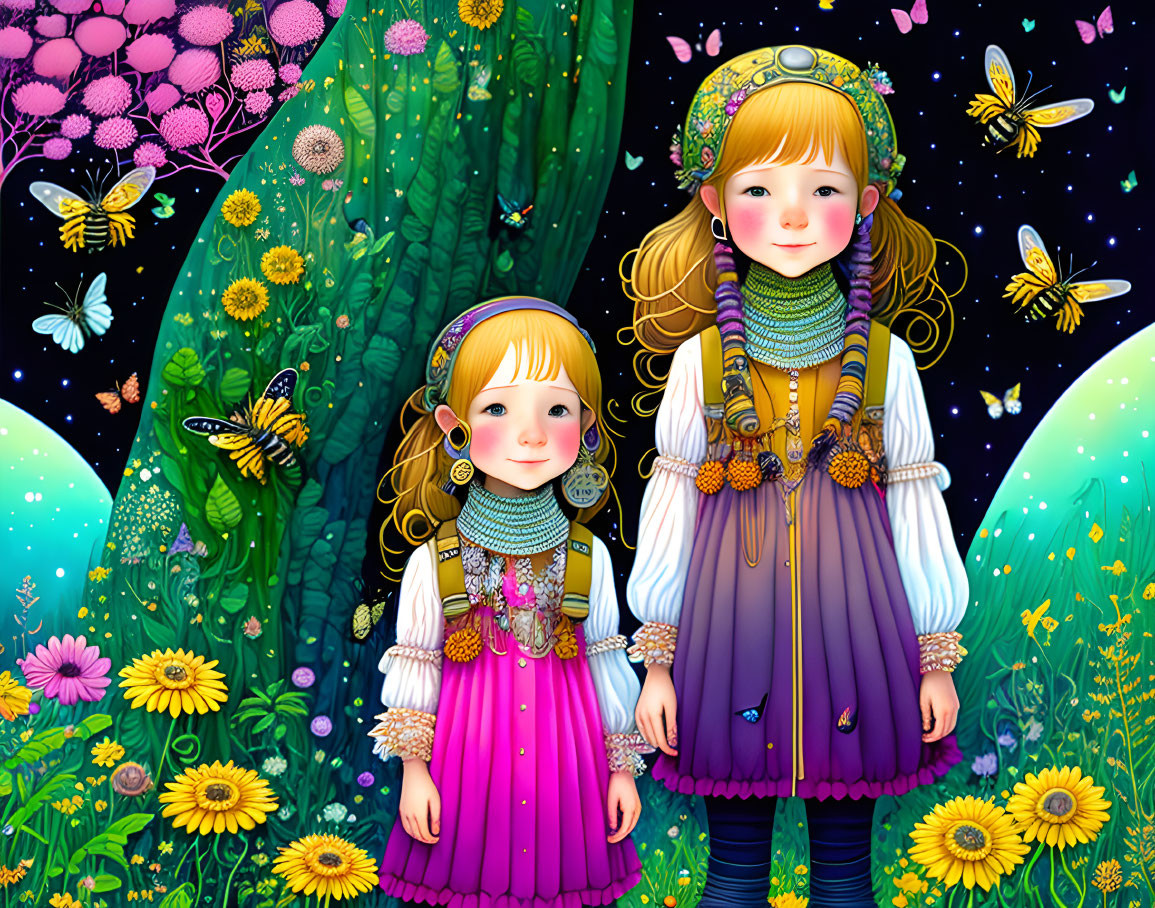 Colorful Dresses: Two Animated Girls in Magical Forest