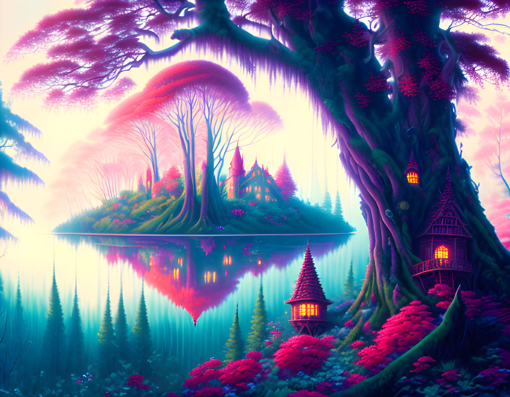 Colorful Fantasy Landscape with Luminous Trees and Reflective Lake