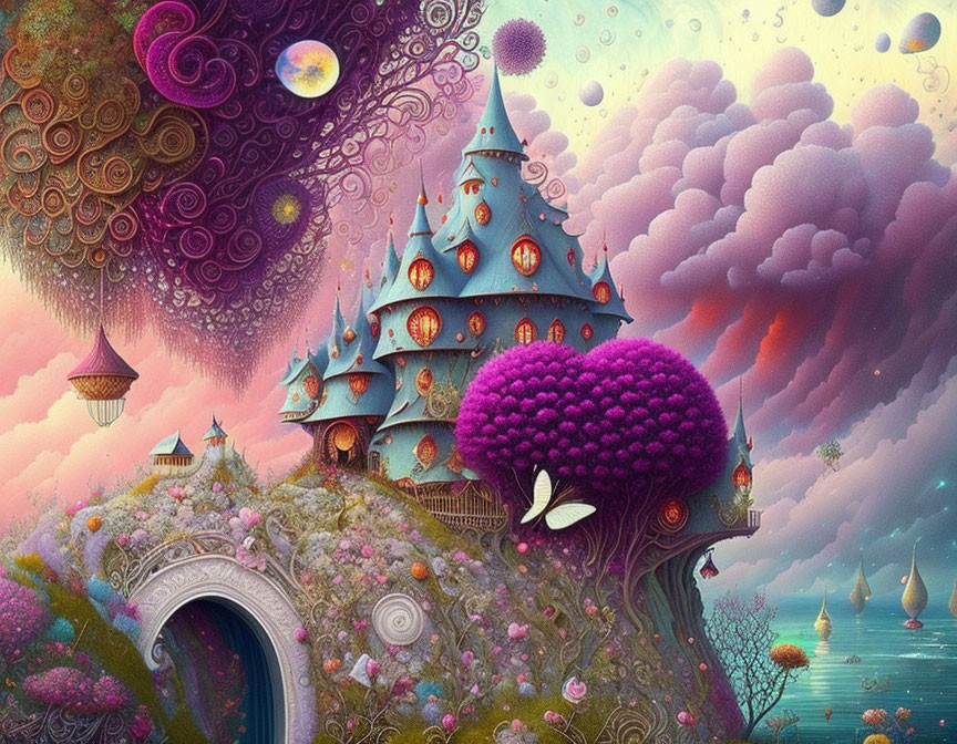 Fantasy landscape with purple tree castle, floating lanterns, colorful clouds