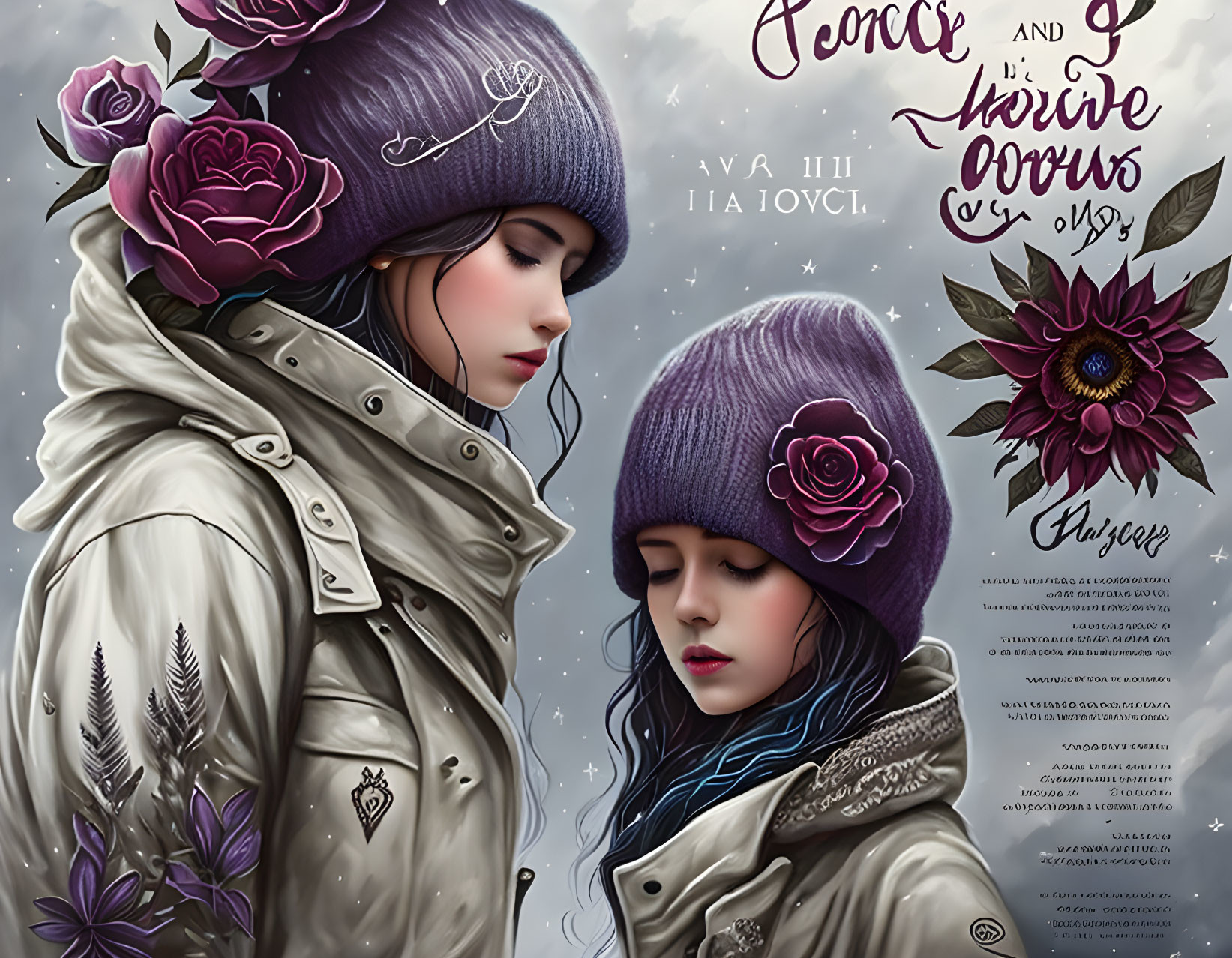 Two women in purple knit hats and jackets with roses, against a celestial background