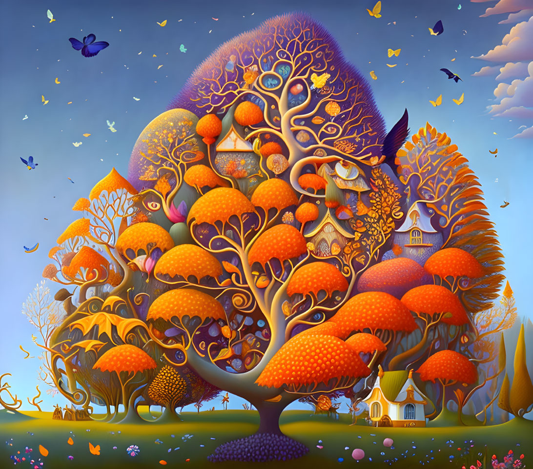 Colorful whimsical tree with orange foliage and birds in a clear blue sky