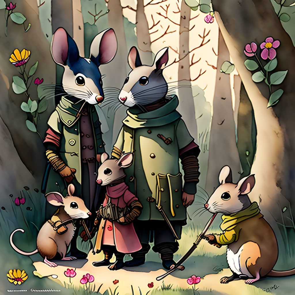 Anthropomorphic mice in clothing in forest setting with stick.