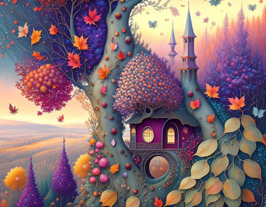 Colorful fantasy landscape with treehouse, butterflies, and sunset