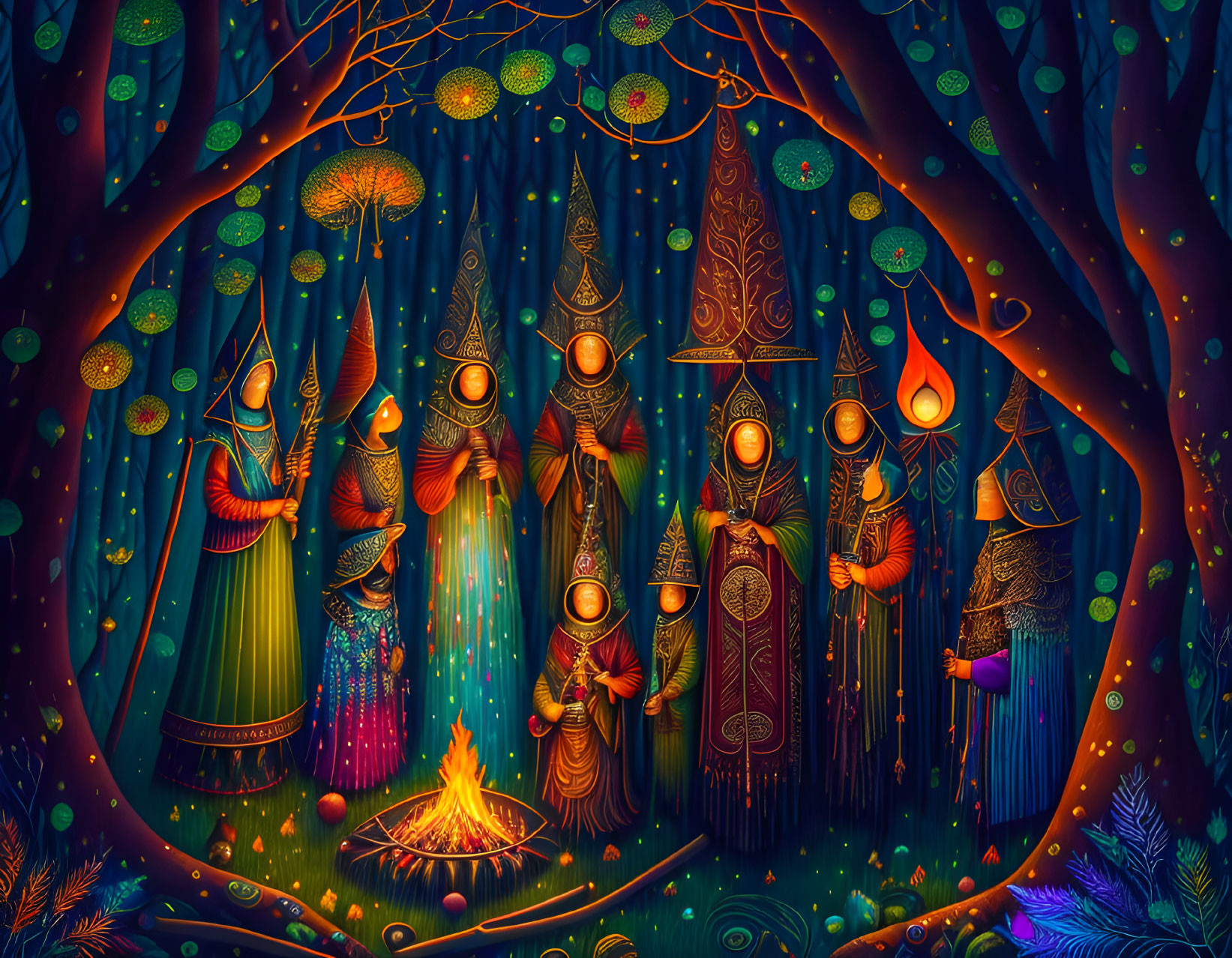 Mystical forest scene with robed figures, bonfire, glowing orbs, and fantastical flora