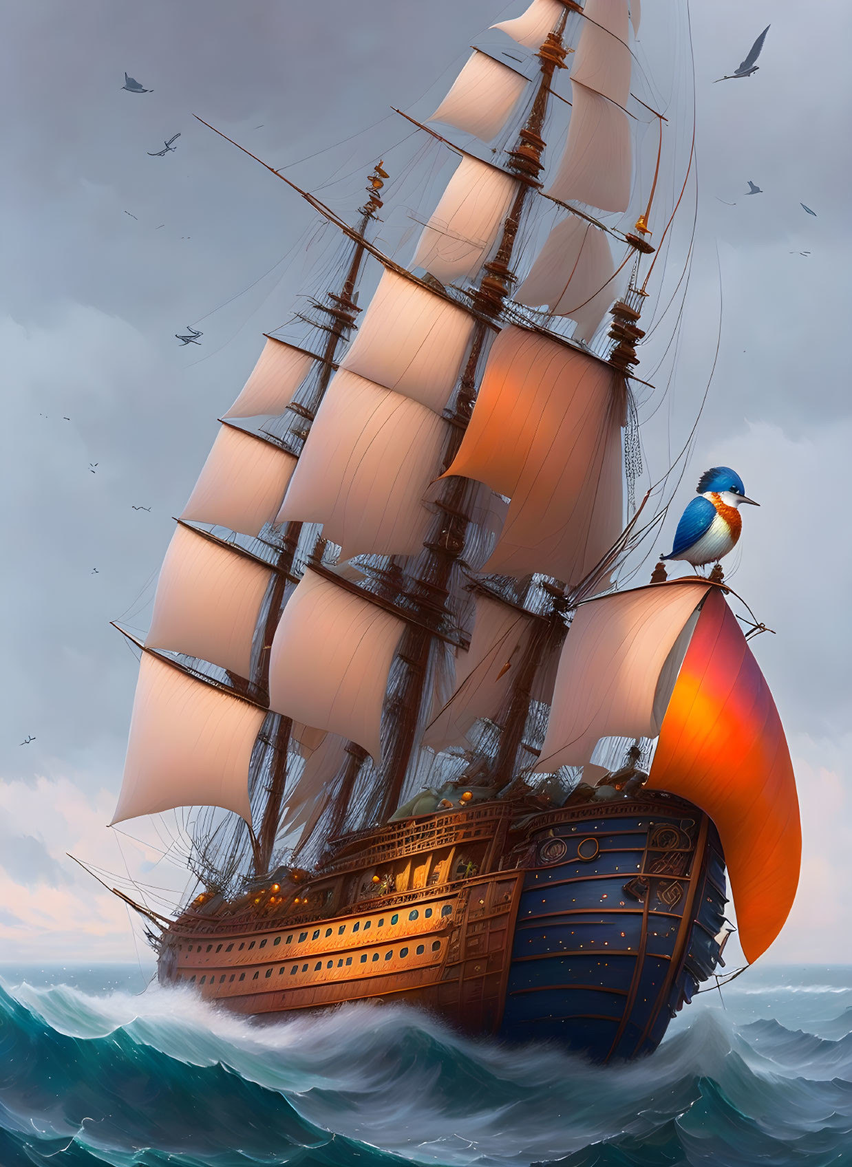 Colorful bird perched on rope with sail ship in stormy sea background