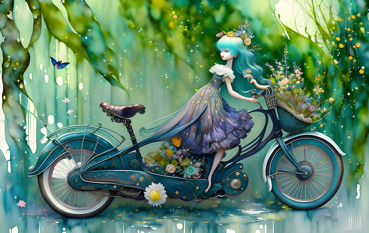 Illustrated mermaid with turquoise hair and floral crown beside vintage bicycle in enchanting forest.